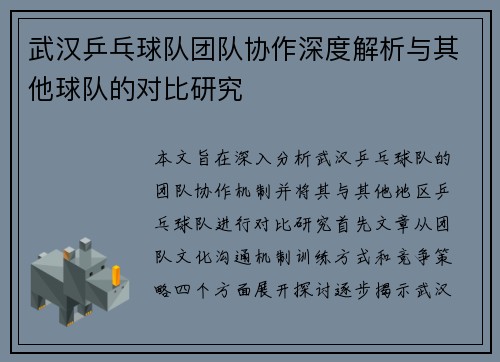 武汉乒乓球队团队协作深度解析与其他球队的对比研究