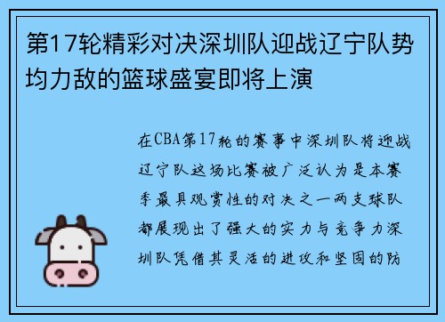 第17轮精彩对决深圳队迎战辽宁队势均力敌的篮球盛宴即将上演