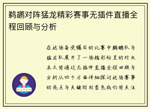 鹈鹕对阵猛龙精彩赛事无插件直播全程回顾与分析